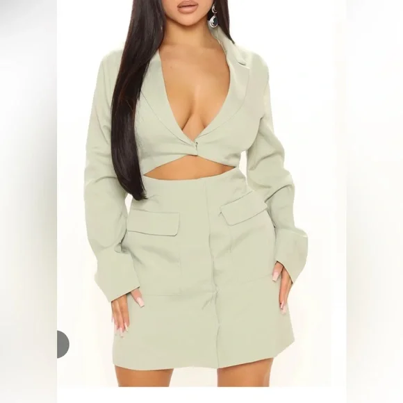 slim fit dress slacks Miss Circle Women's Delia Pistachio Green Blazer Dress with Pleated Detail - Pistachio